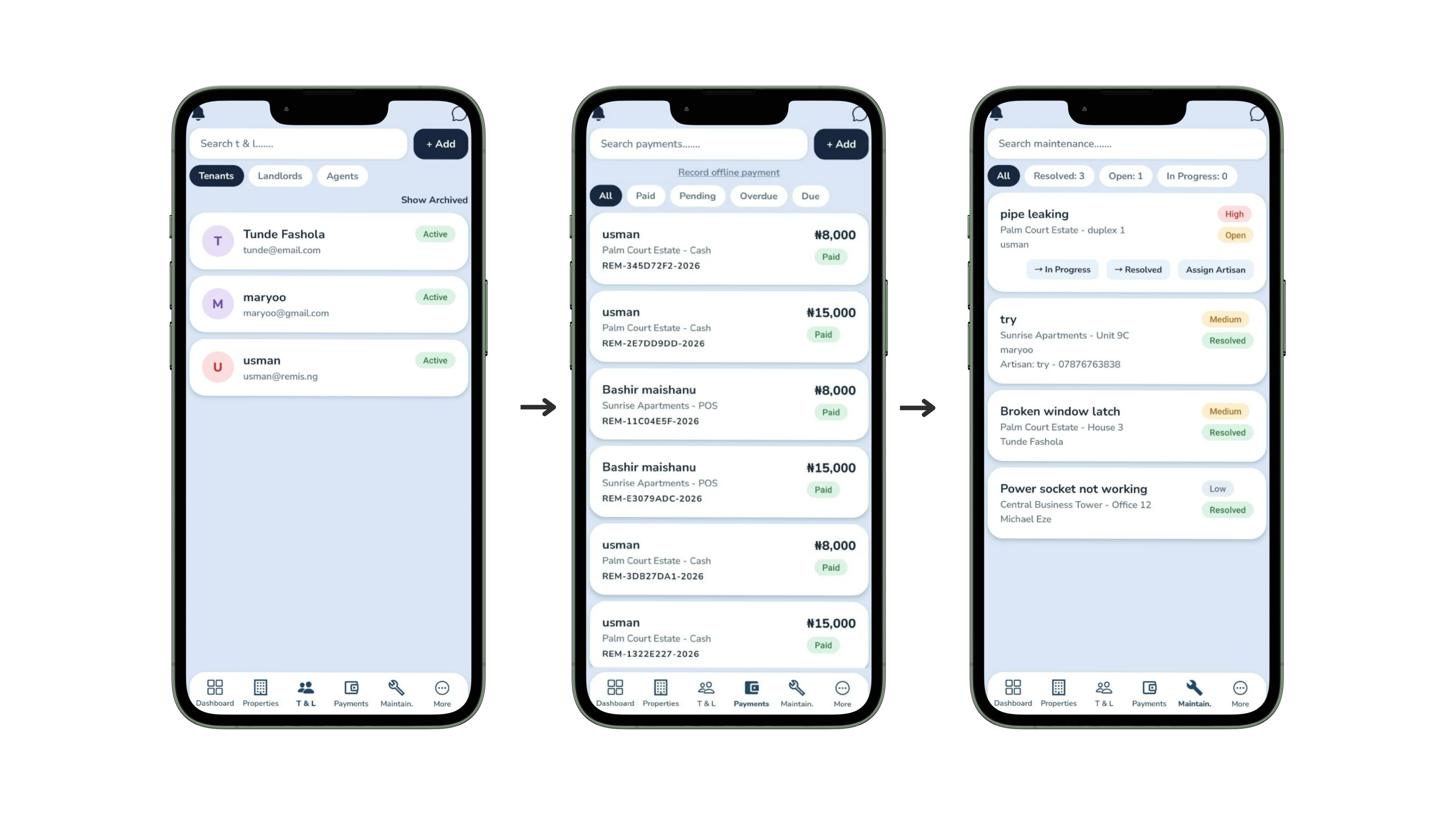 REMIS day-to-day screens: tenants and landlords list, payments with reference numbers, and maintenance requests by priority